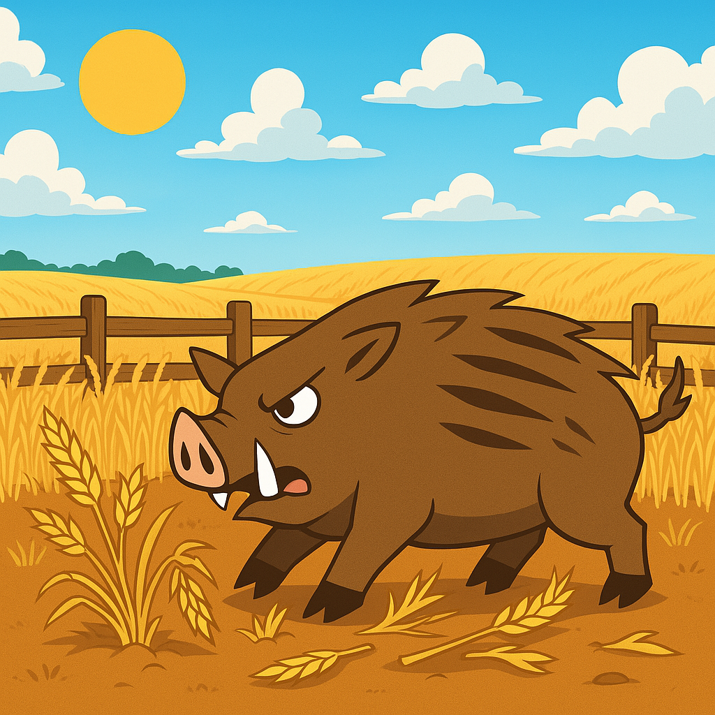 Wild boar damaging crops in a farm field
